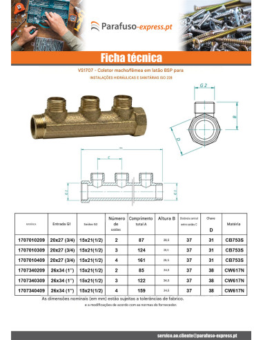 Coletor 3 saídas 20x27 (3/4") macho fêmea Bronze para instalações sanitárias