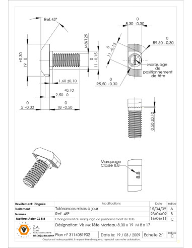 Parafuso de metais cabeça martelo M8/17 8,3 x 19 Classe 8.8 Aço zinco branco