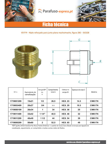 Niple junta plana FIGO 280 Masculino / Masculino reforçado 26x34 (1") Bronze