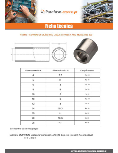 Espaçador cilíndrica liso 4X4 diâmetro interior 2.2 Aço inoxidável