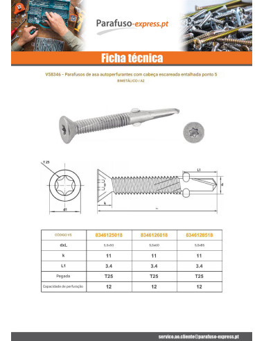 Autoperfurante Bimetal cabeça fresada TORX T25 broca longo 5,5 x 60