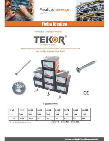 TEKOR PACOTE PRÓ 1200 PARAFUSO cabeça fresada dentado TORX Aço zinco branco