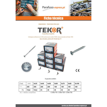 TEKOR PACOTE PRÓ 1200 PARAFUSO cabeça fresada dentado TORX Aço zinco branco