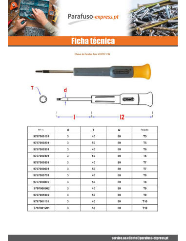 Chave de fendas TORX T9 comprimento total 135 Platine de fixation 60