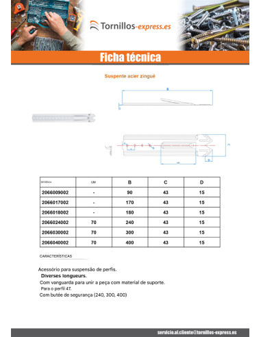Suspensão comprimento 80 Aço zinco branco - Parafuso Express