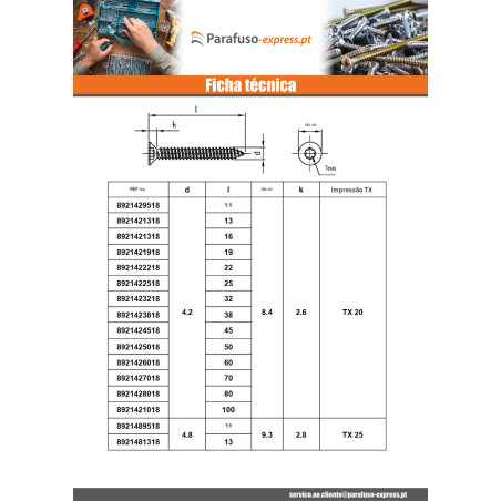 Parafuso de chapa cabeça fresada 6,3 x 32 TORX T30 Aço inoxidável A4