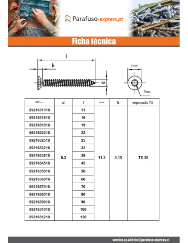 Parafuso de chapa cabeça fresada 6,3 x 32 TORX T30 Aço inoxidável A4