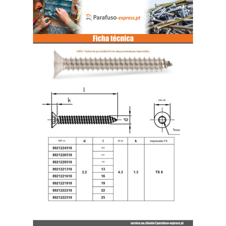 Parafuso de chapa cabeça fresada 4,8 x 120 TORX T25 Aço inoxidável A4