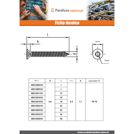 Parafuso de chapa cabeça fresada 4,2X80 TORX T20 Aço inoxidável A4