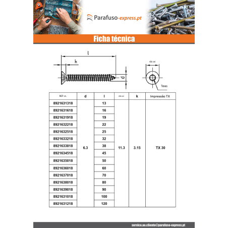Parafuso de chapa cabeça fresada 3,5 x 6,5 TORX T15 Aço inoxidável A4