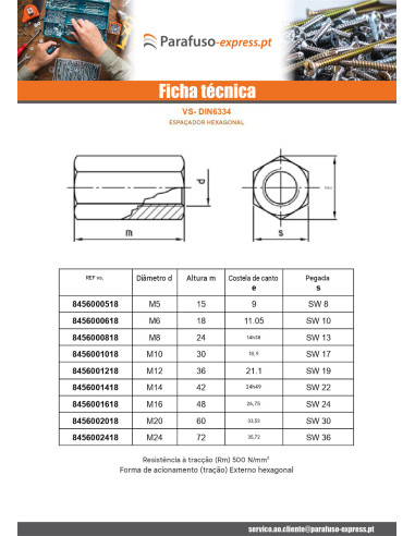 Espaçador hexagonal Aço inoxidável A2 M6 comprimento 18 S10