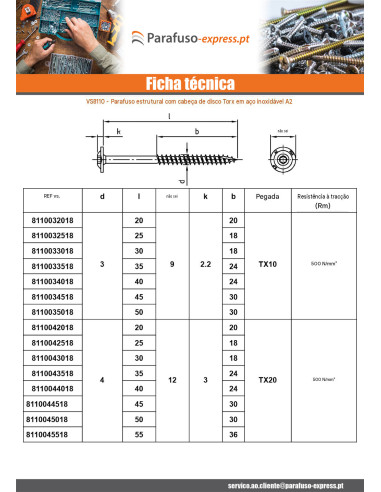 Parafuso estrutural cabeça de disco Aço inoxidável A2 6X240 roscado sobre 70 TORX T25 diâmetro da cabeça 15