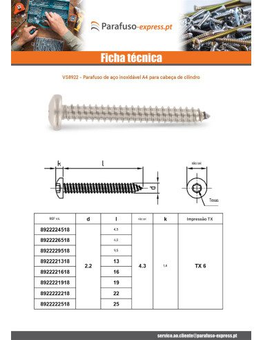 Parafuso de chapa cabeça cilíndrica panela 5,5X80 TORX T25 Aço inoxidável A4