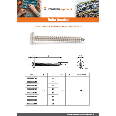 Parafuso de chapa cabeça cilíndrica panela 5,5X80 TORX T25 Aço inoxidável A4