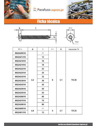 Parafuso de chapa cabeça cilíndrica panela 5,5X80 TORX T25 Aço inoxidável A4