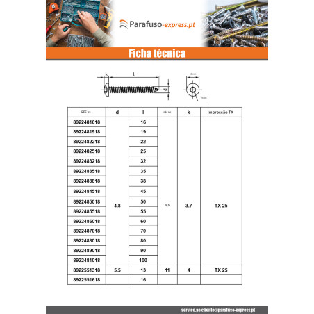 Parafuso de chapa cabeça cilíndrica panela 5,5X80 TORX T25 Aço inoxidável A4