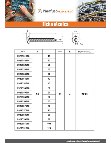 Parafuso de chapa cabeça cilíndrica panela 5,5X80 TORX T25 Aço inoxidável A4