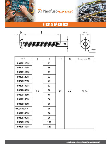 Parafuso de chapa cabeça cilíndrica panela 5,5X80 TORX T25 Aço inoxidável A4