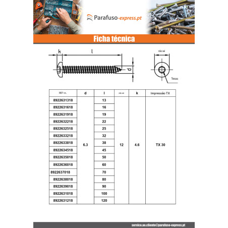 Parafuso de chapa cabeça cilíndrica panela 5,5X80 TORX T25 Aço inoxidável A4