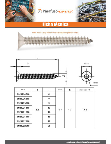 Parafuso de chapa cabeça fresada 6,3X70 TORX T30 Aço inoxidável A4