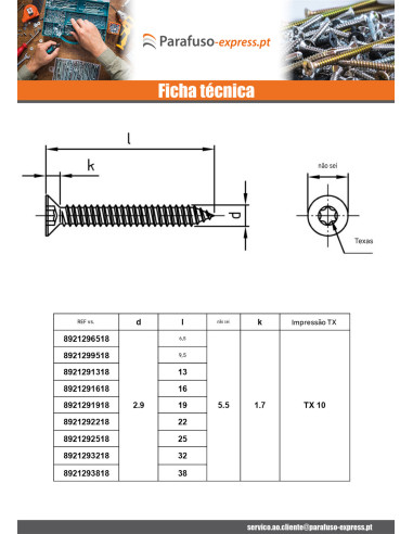 Parafuso de chapa cabeça fresada 3,9X45 TORX T15 Aço inoxidável A4