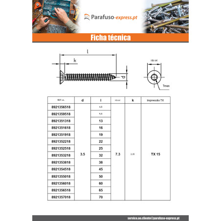 Parafuso de chapa cabeça fresada 3,9X45 TORX T15 Aço inoxidável A4