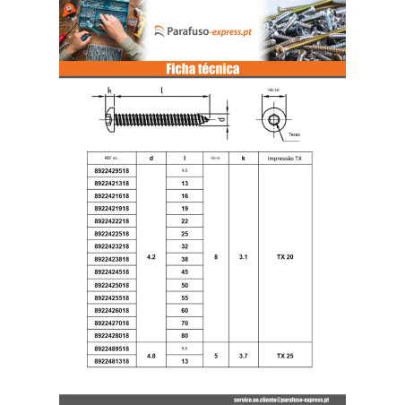 Parafuso de chapa cabeça cilíndrica panela 4,2X70 TORX T20 Aço inoxidável A4