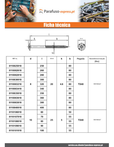 Parafuso estrutural cabeça de disco Aço inoxidável A2 8X100 TORX T40 diâmetro da cabeça 20