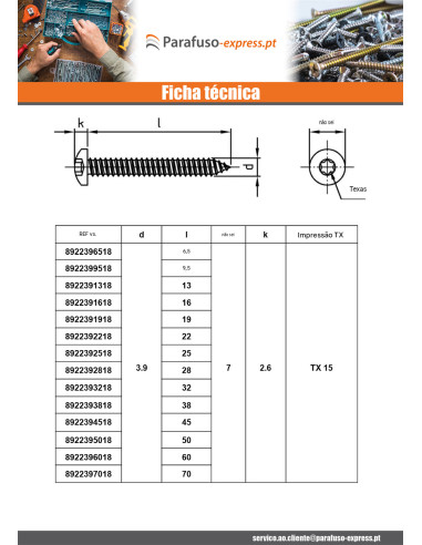 Parafuso de chapa cabeça cilíndrica panela 4,2 x 13 TORX T20 Aço inoxidável A4