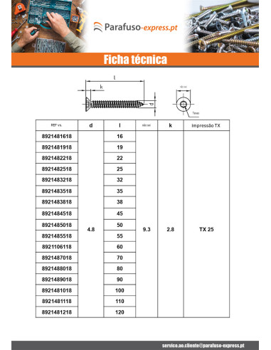 Parafuso de chapa cabeça fresada 3,9 x 19 TORX T15 Aço inoxidável A4