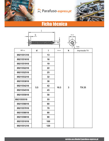 Parafuso de chapa cabeça fresada 2,2 x 16 TORX T6 Aço inoxidável A4
