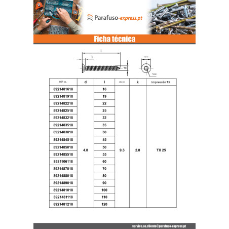 Parafuso de chapa cabeça fresada 4,8X55 TORX T25 Aço inoxidável A4