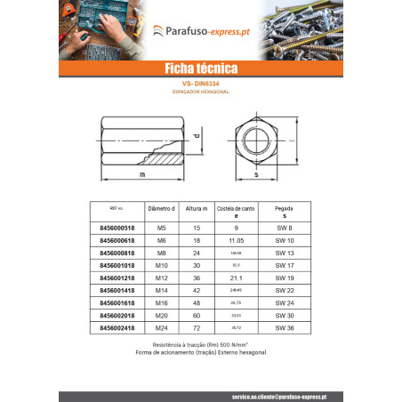 Espaçador hexagonal Aço inoxidável A2 M24 comprimento 72 S36