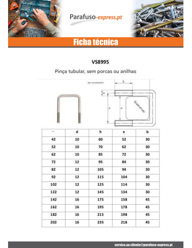 Parafuso em forma U fundo direito ou plano 195x162x195 M12/45/45 Aço inoxidável A4