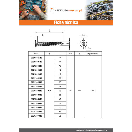 Parafuso de chapa cabeça fresada 5,5 x 60 TORX T25 Aço inoxidável A4