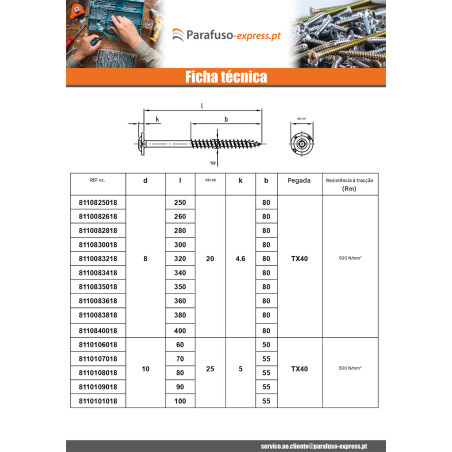 Parafuso estrutural cabeça de disco Aço inoxidável A2 10X300 roscado sobre 105 TORX T40 diâmetro da cabeça 25