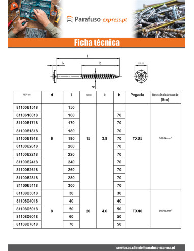 Parafuso estrutural cabeça de disco Aço inoxidável A2 8X50 rosca total TORX T40 diâmetro da cabeça 20