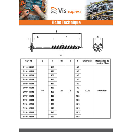 Parafuso estrutural cabeça de disco Aço inoxidável A2 8X50 rosca total TORX T40 diâmetro da cabeça 20
