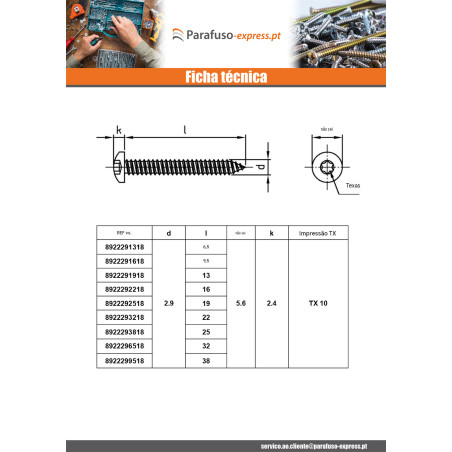 Parafuso de chapa cabeça cilíndrica panela 6,3 x 120 TORX T30 Aço inoxidável A4