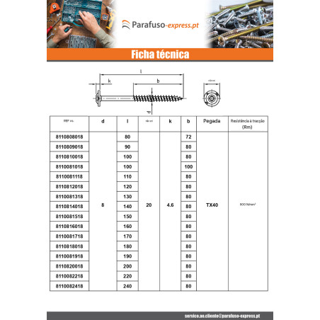 Parafuso estrutural cabeça de disco Aço inoxidável A2 8X400 roscado sobre 80 TORX T40 diâmetro da cabeça 20