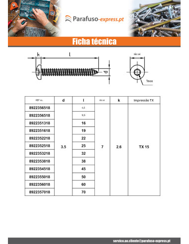 Parafuso de chapa cabeça cilíndrica panela 3,5X50 TORX T15 Aço inoxidável A4