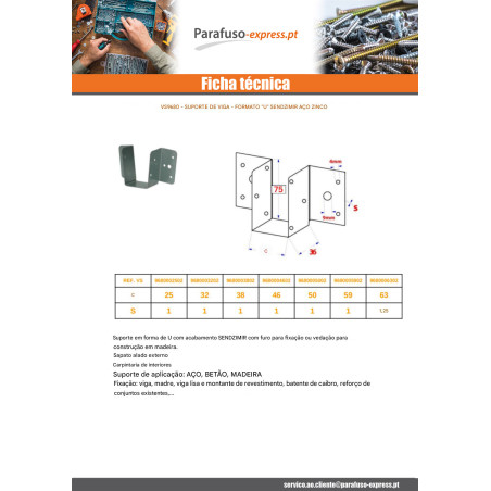 Suporte para vigas em forma de U suporte para viga 32X75 sendzimir