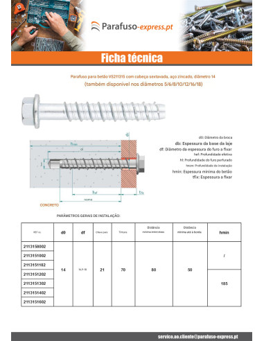 Parafuso de betão cabeça hexagonal flange com gola T21 14X110 Aço zinco branco