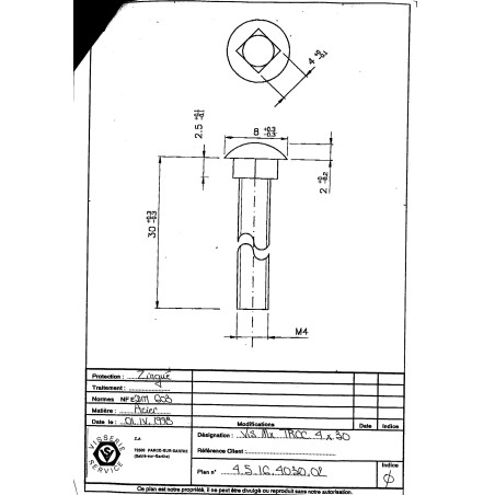 Parafuso cabeça redonda gola quadrada M4X30 rosca total quadrado 4X4X2,5 Aço zinco branco