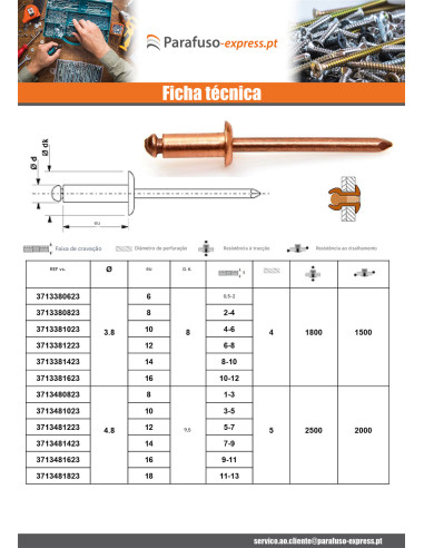 Rebite Cabeça redonda padrão barra de aço de cobre 3,8X14 espessura de serrilha 8 con 10