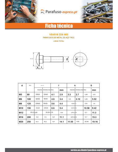 Parafuso cabeça redonda gola quadrada M10X55 rosca total Aço zinco branco