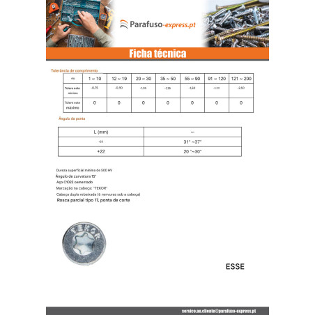 Parafusos de madeira e aglomerado TEKOR cabeça fresada dentado 4,5X40 TORX T20 Aço zinco branco rosca total cut