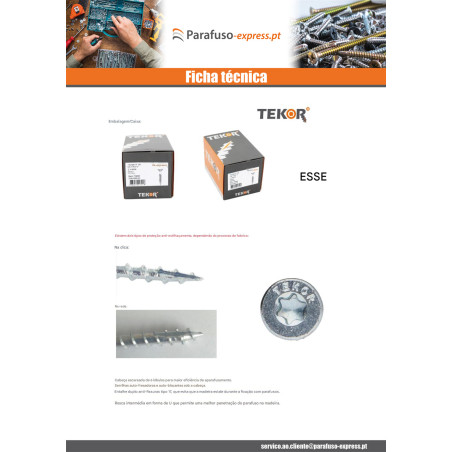 Parafusos de madeira e aglomerado TEKOR cabeça fresada dentado 4,5X40 TORX T20 Aço zinco branco rosca total cut