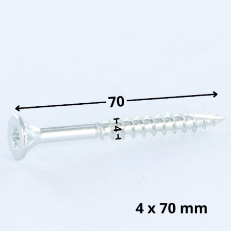 Parafusos de madeira e aglomerado TEKOR cabeça fresada dentado 4X70 roscado sobre 42 TORX T20 Aço zinco branco cut