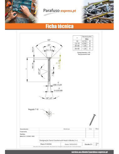 Parafuso de madeira aglomerado cabeça fresada TORX T10 3X20 Aço zinco branco microparafusos